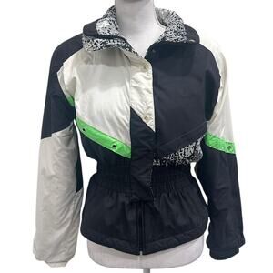 VTG 80s Roffe Aurora Ski Snowboard Jacket Black White Neon Green Winter Coat XS
